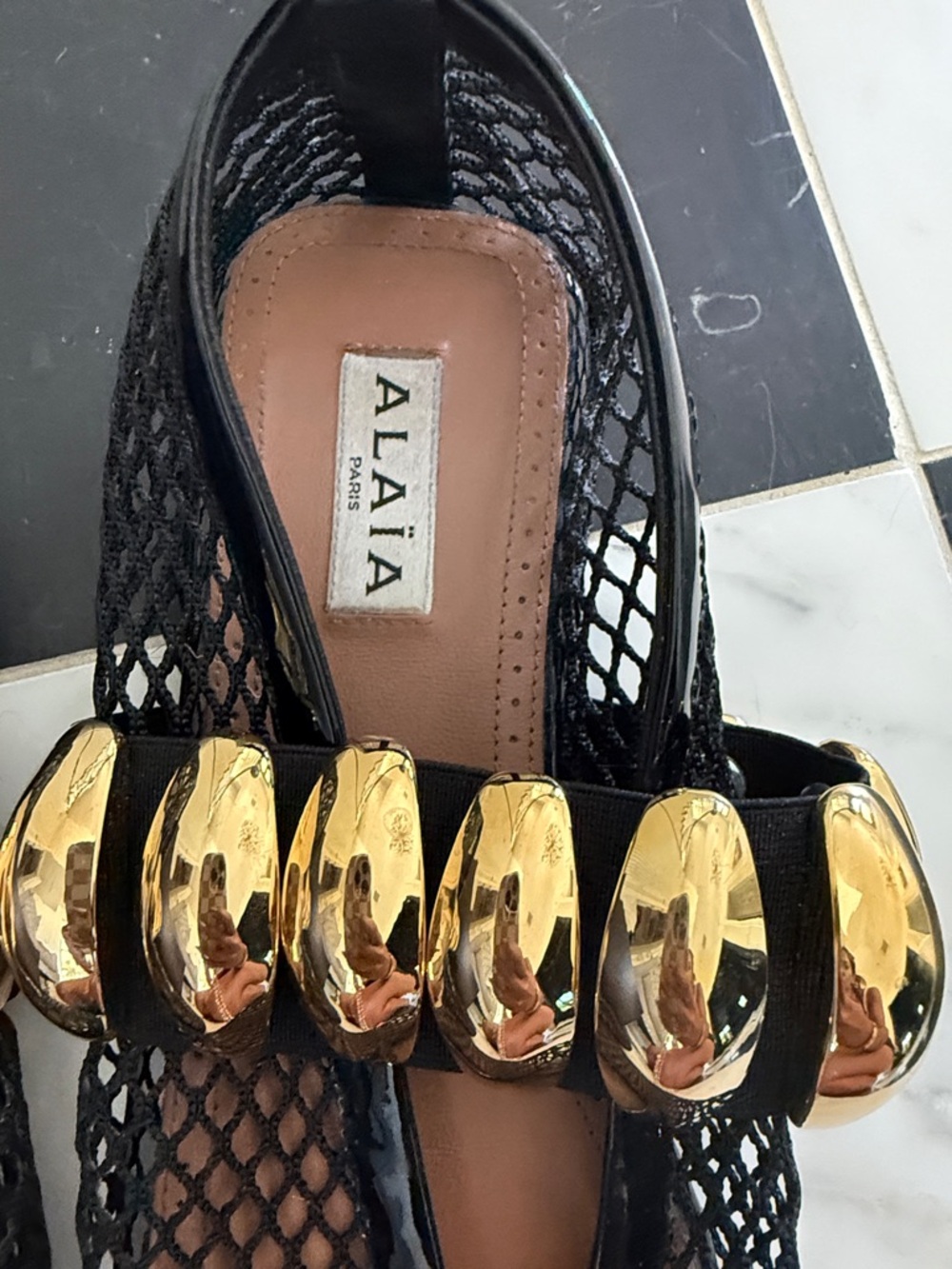 Alaia 2026 Black Mesh Ballet Flats with Gold Orb Detail - Picture 5 of 6